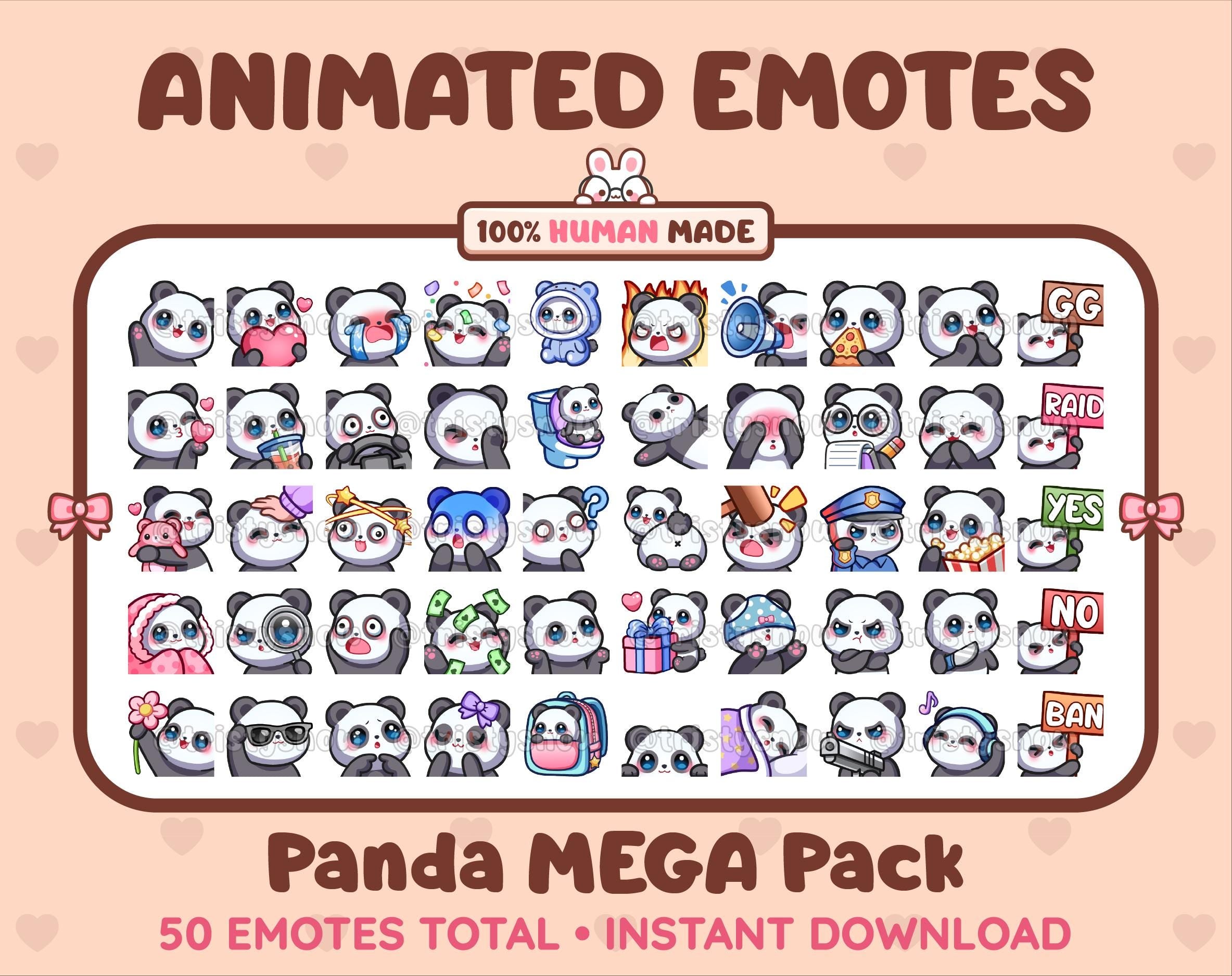 Panda Bear animated Twitch emote mega pack featuring 50 emotes including hype, kiss, raid, and lurk.