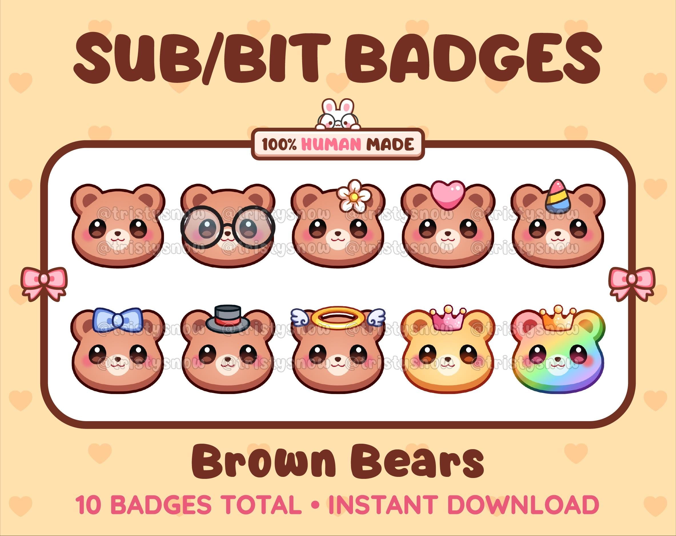 Brown Bear Twitch sub badge pack featuring 10 subscriber badges with progressive addon elements.