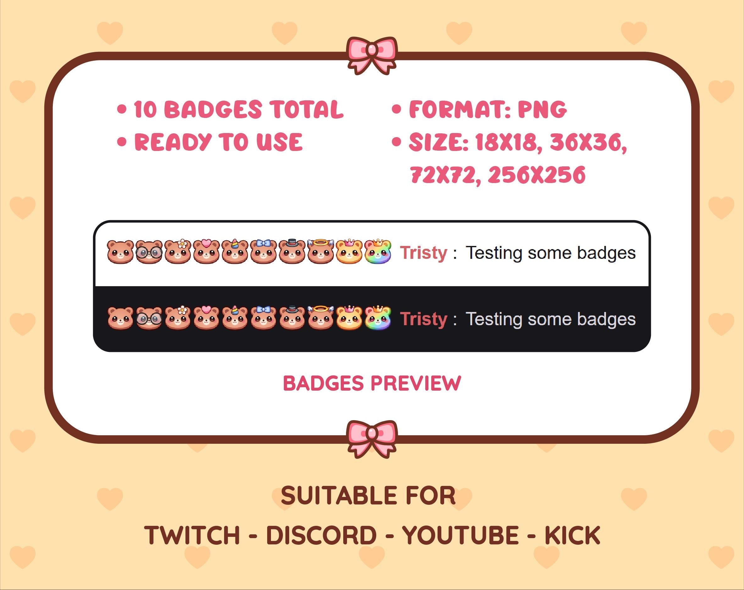Brown Bear Twitch sub badge pack preview displaying all 10 subscriber badges with format and size information.