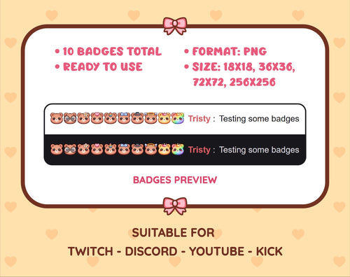 Brown Bear Twitch sub badge pack preview displaying all 10 subscriber badges with format and size information.