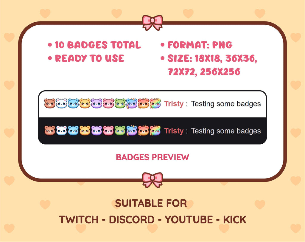 Bear Twitch sub badge pack preview displaying all 10 subscriber badges with format and size information.
