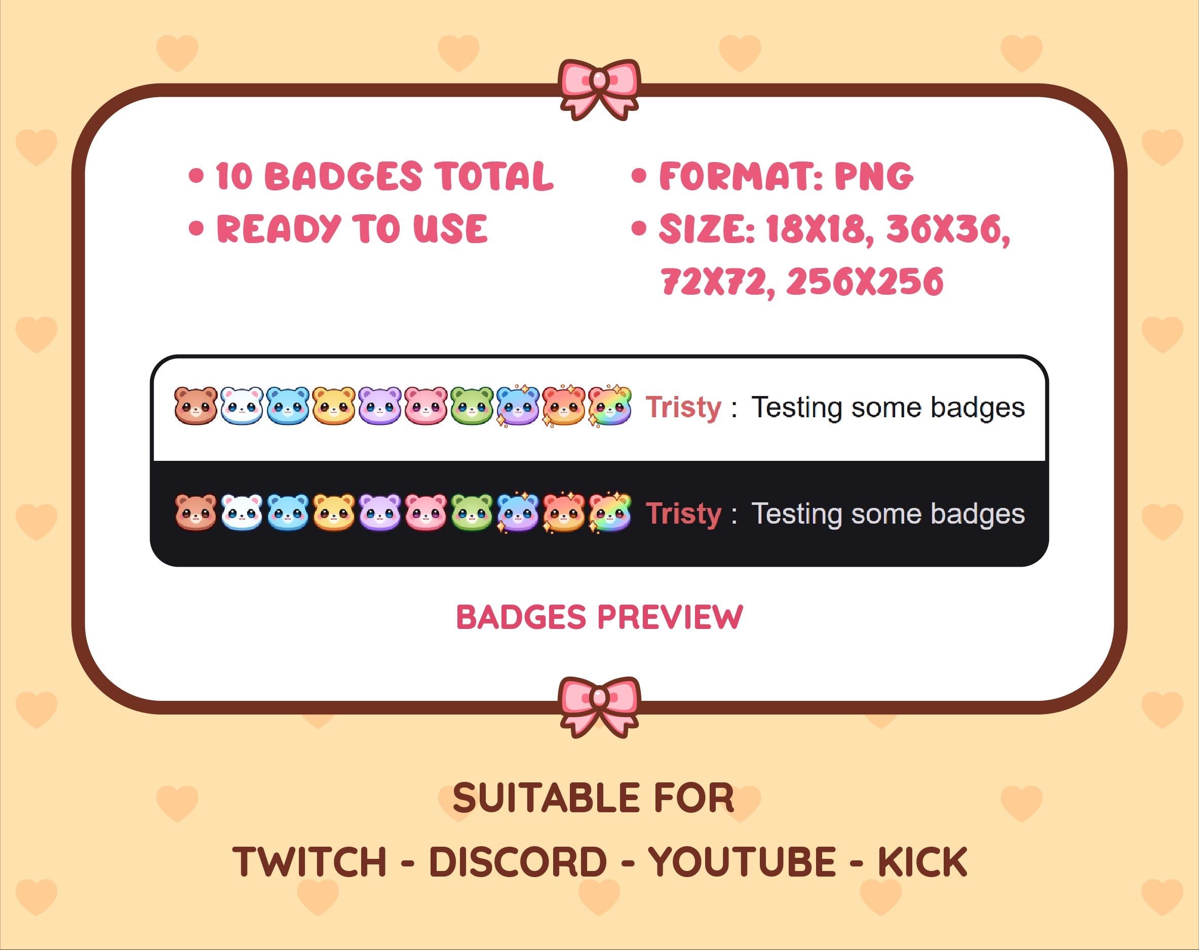 Bear Twitch sub badge pack preview displaying all 10 subscriber badges with format and size information.