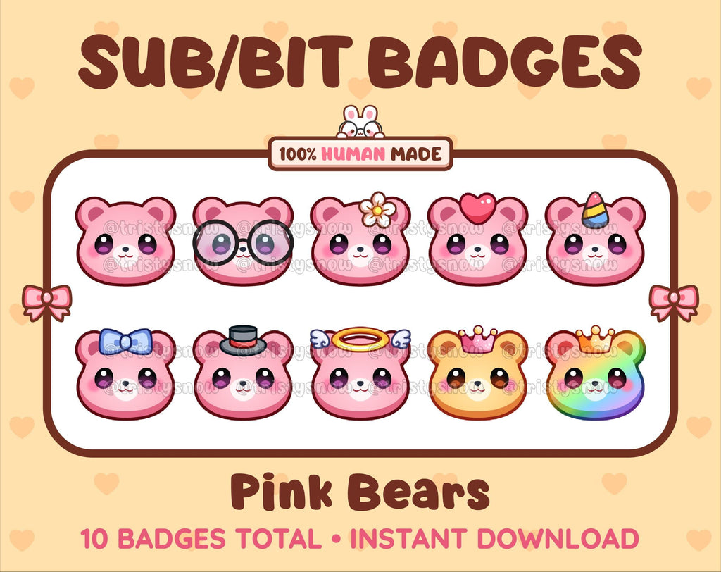 Pink Bear Twitch sub badge pack featuring 10 subscriber badges with progressive addon elements.