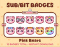 Pink Bear Twitch sub badge pack featuring 10 subscriber badges with progressive addon elements.