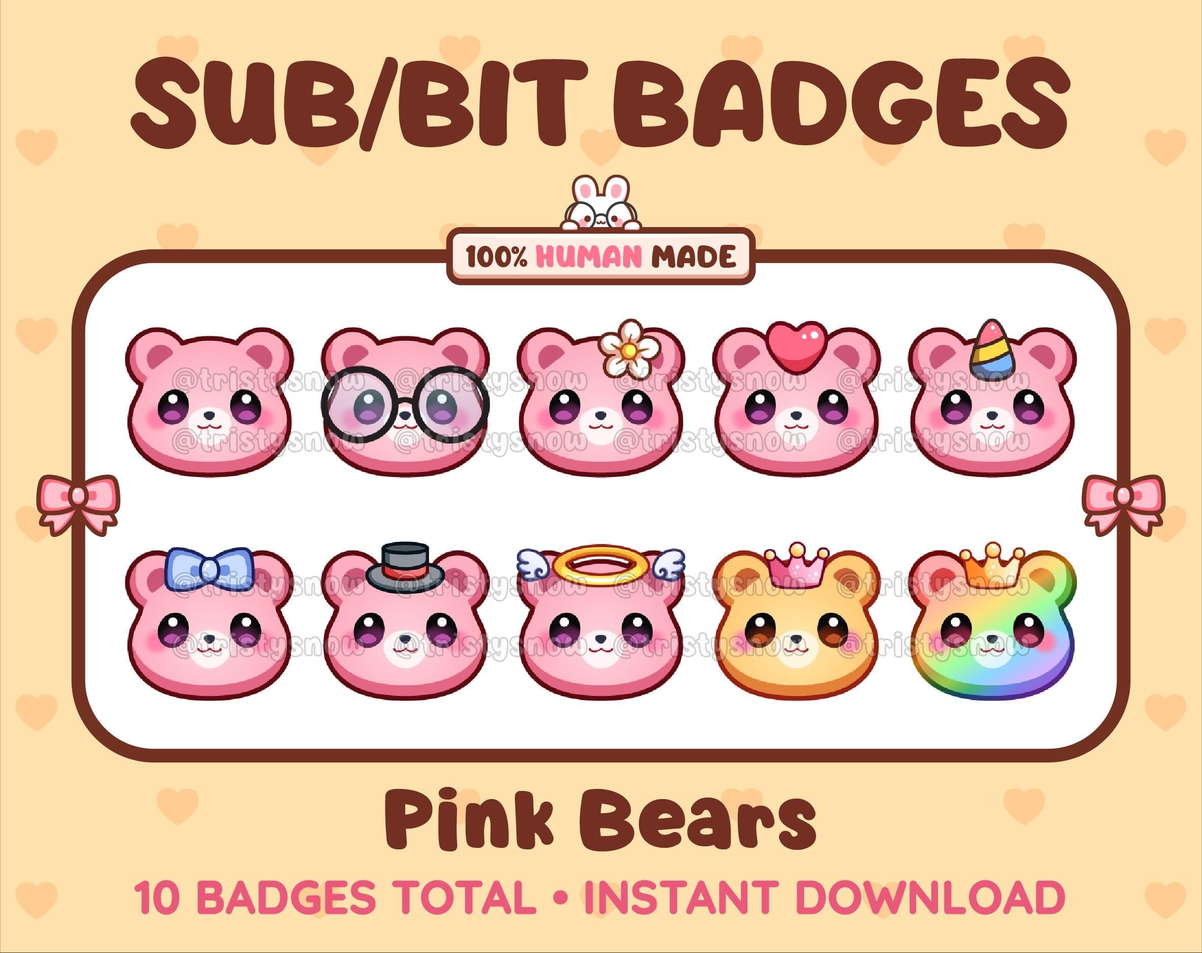 Pink Bear Twitch sub badge pack featuring 10 subscriber badges with progressive addon elements.