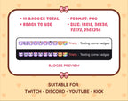 Purple Bear Twitch sub badge pack preview displaying all 10 subscriber badges with format and size information.