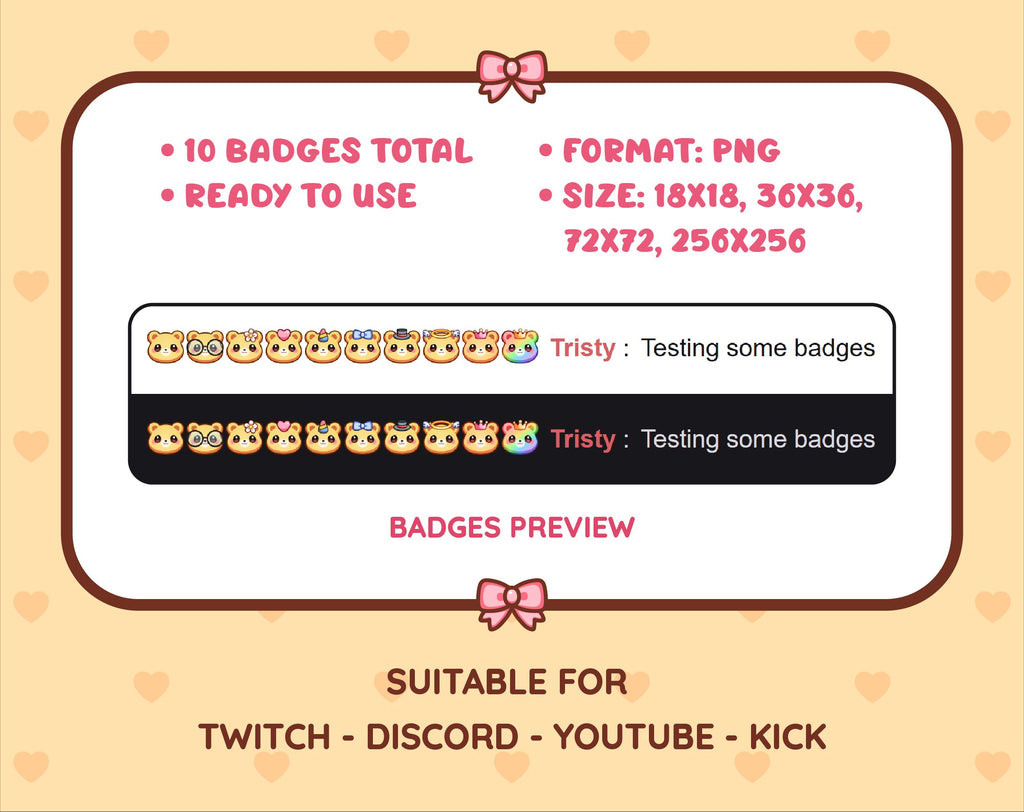 Yellow Bear Twitch sub badge pack preview displaying all 10 subscriber badges with format and size information.