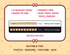 Yellow Bear Twitch sub badge pack preview displaying all 10 subscriber badges with format and size information.