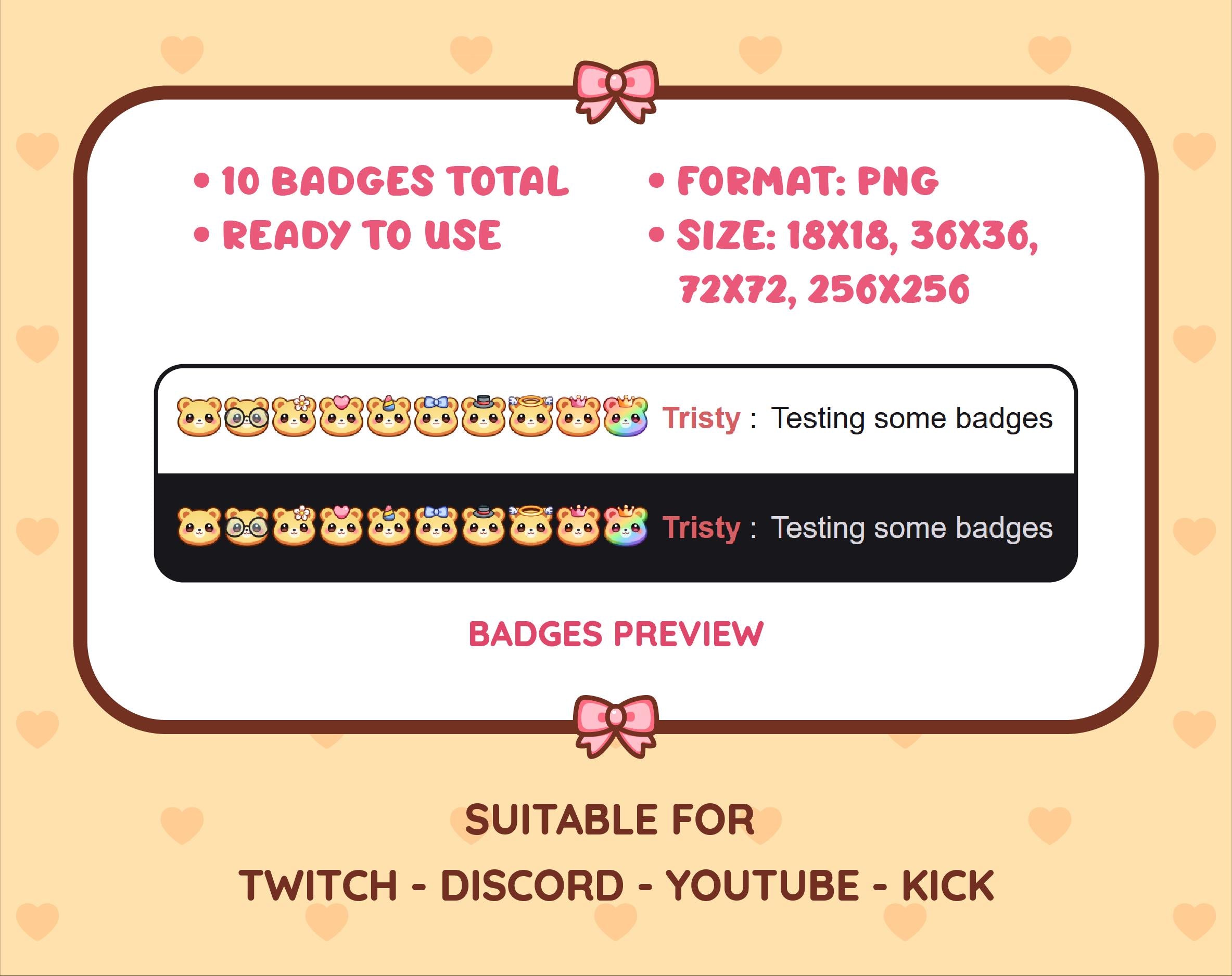 Yellow Bear Twitch sub badge pack preview displaying all 10 subscriber badges with format and size information.