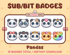 Panda Bear Twitch sub badge pack featuring 10 subscriber badges with progressive addon elements.