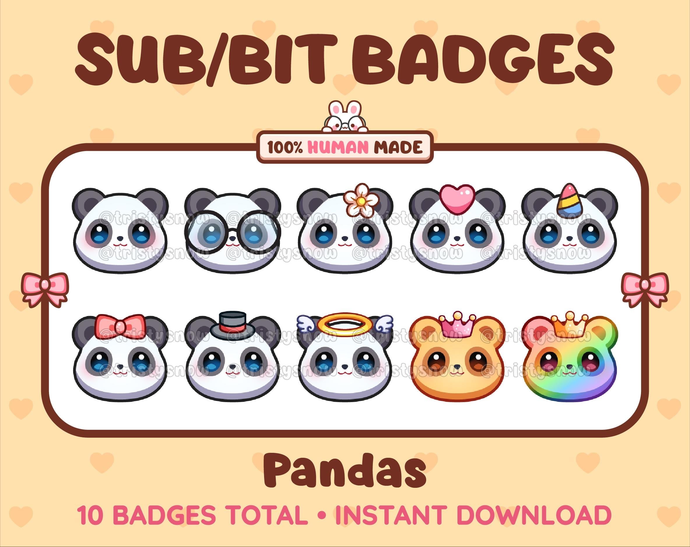 Panda Bear Twitch sub badge pack featuring 10 subscriber badges with progressive addon elements.