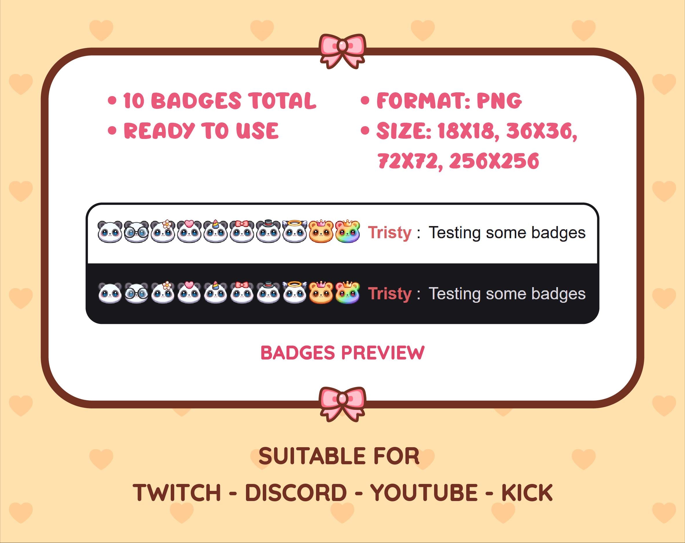 Panda Bear Twitch sub badge pack preview displaying all 10 subscriber badges with format and size information.