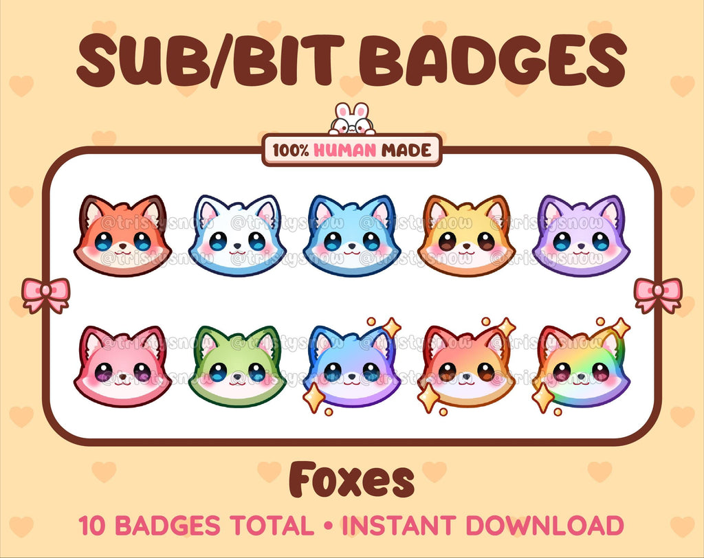 Fox Twitch sub badge pack featuring 10 subscriber badges in multiple color variations.