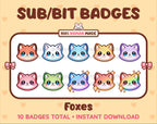 Fox Twitch sub badge pack featuring 10 subscriber badges in multiple color variations.
