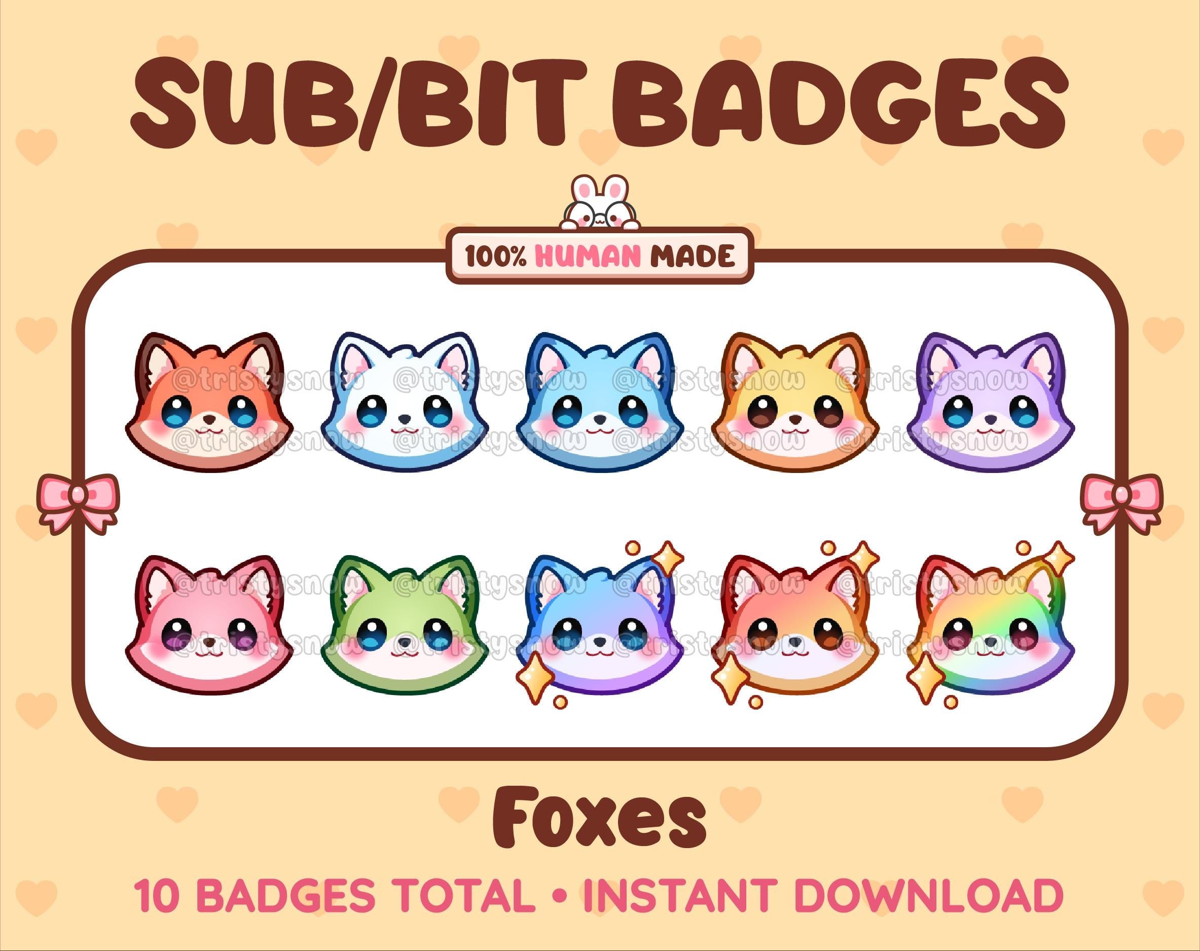 Fox Twitch sub badge pack featuring 10 subscriber badges in multiple color variations.