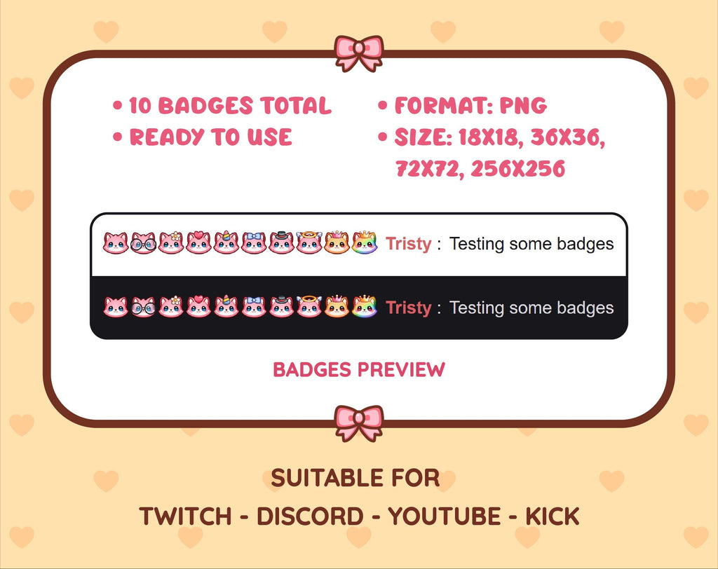 Pink Fox Twitch sub badge pack preview displaying all 10 subscriber badges with format and size information.