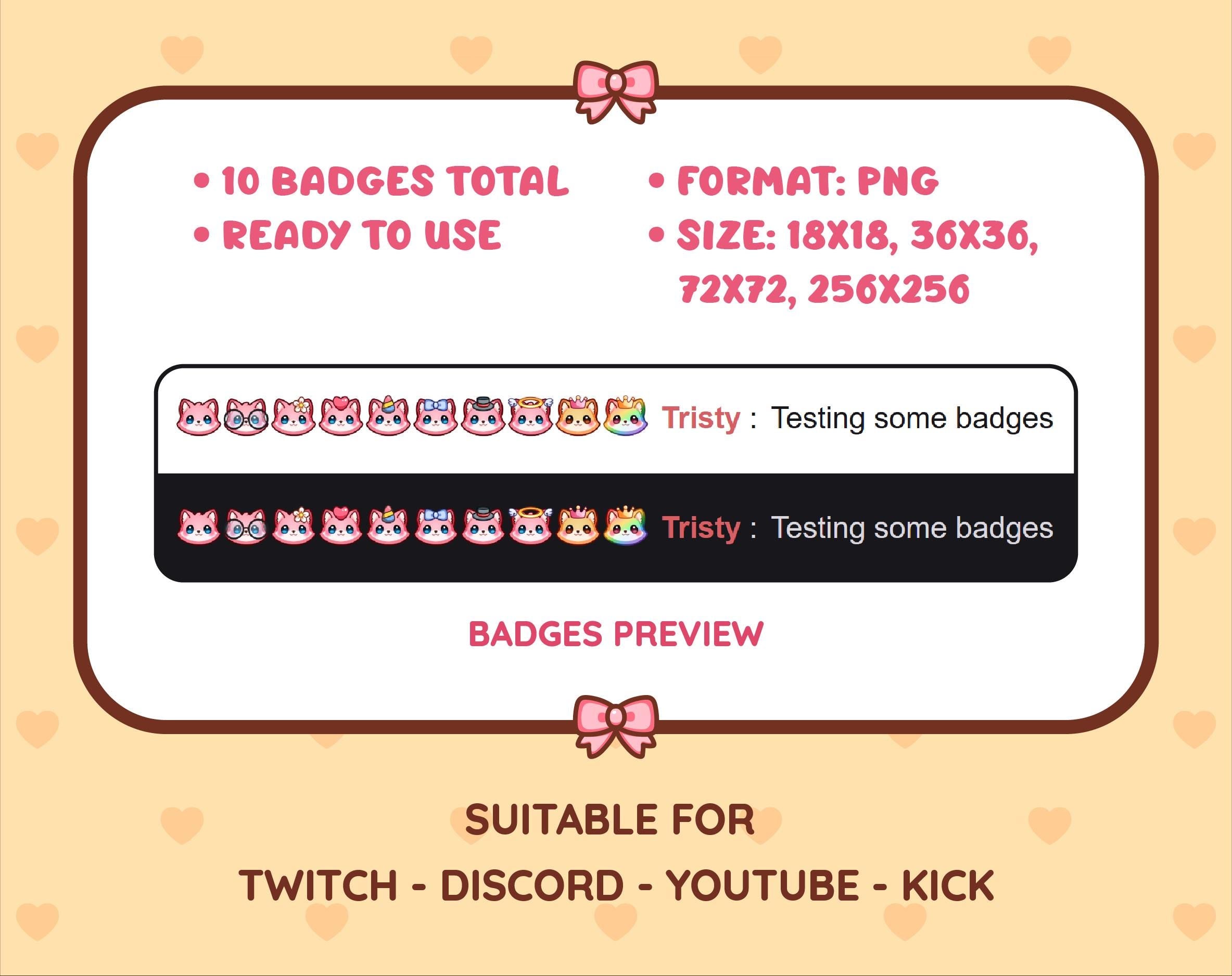 Pink Fox Twitch sub badge pack preview displaying all 10 subscriber badges with format and size information.