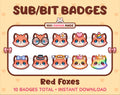 Red Fox Twitch sub badge pack featuring 10 subscriber badges with progressive addon elements.