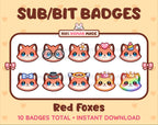 Red Fox Twitch sub badge pack featuring 10 subscriber badges with progressive addon elements.