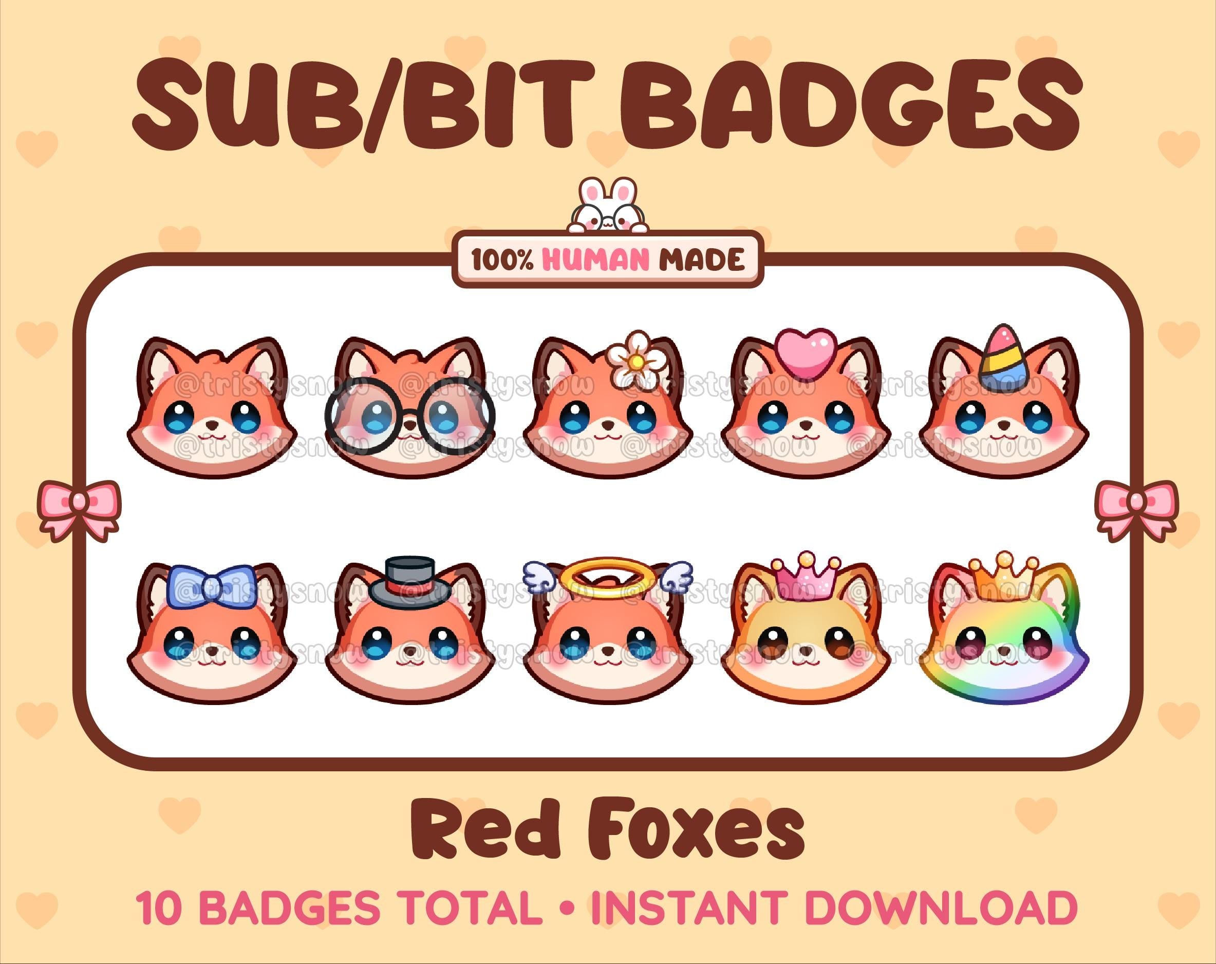 Red Fox Twitch sub badge pack featuring 10 subscriber badges with progressive addon elements.