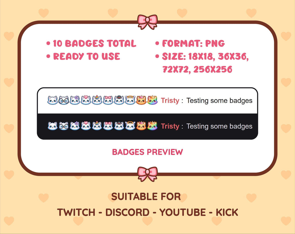 White Fox Twitch sub badge pack preview displaying all 10 subscriber badges with format and size information.