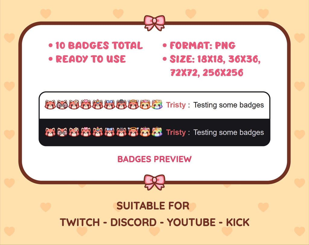 Red Panda Twitch sub badge pack preview displaying all 10 subscriber badges with format and size information.