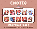 Red Panda Twitch emote pack featuring 10 emotes including GG, angry, cry, and hype.