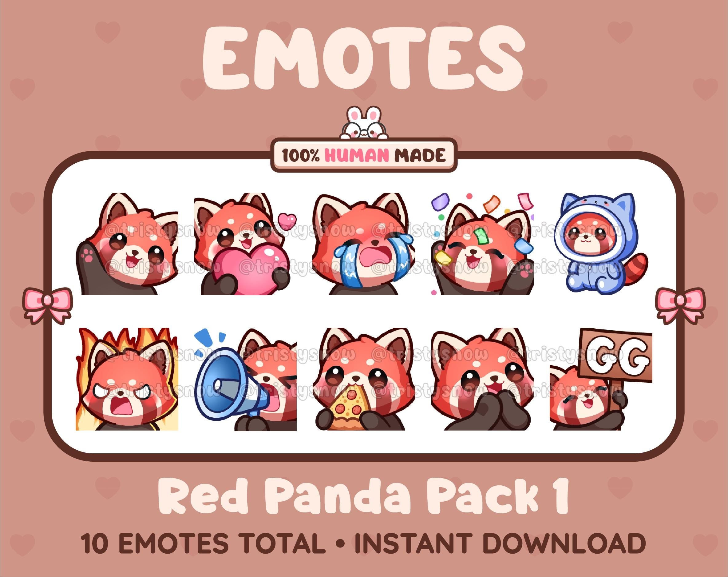 Red Panda Twitch emote pack featuring 10 emotes including GG, angry, cry, and hype.