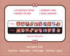 Red Panda Twitch emote pack preview displaying all 10 emotes with format and size information.