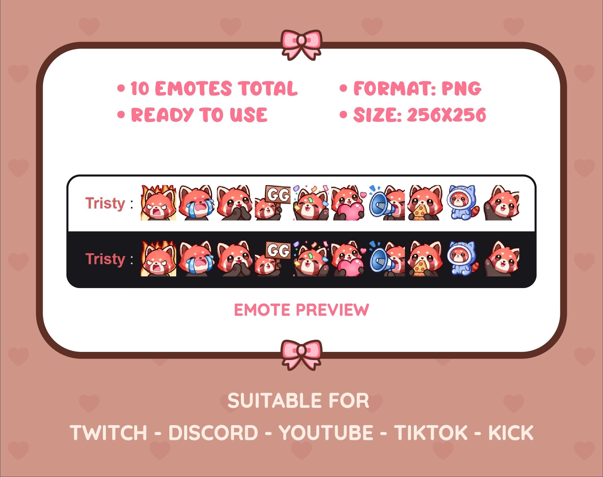 Red Panda Twitch emote pack preview displaying all 10 emotes with format and size information.