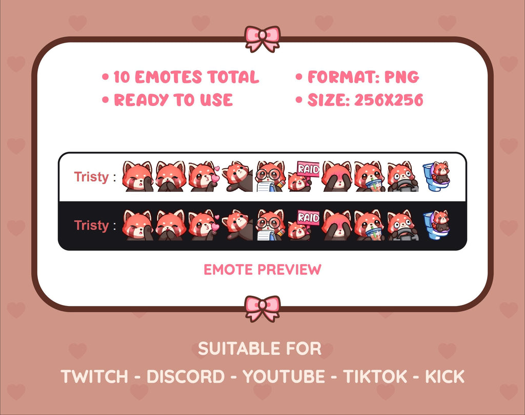 Red Panda Twitch emote pack preview displaying all 10 emotes with format and size information.
