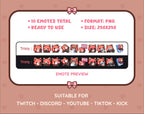 Red Panda Twitch emote pack preview displaying all 10 emotes with format and size information.