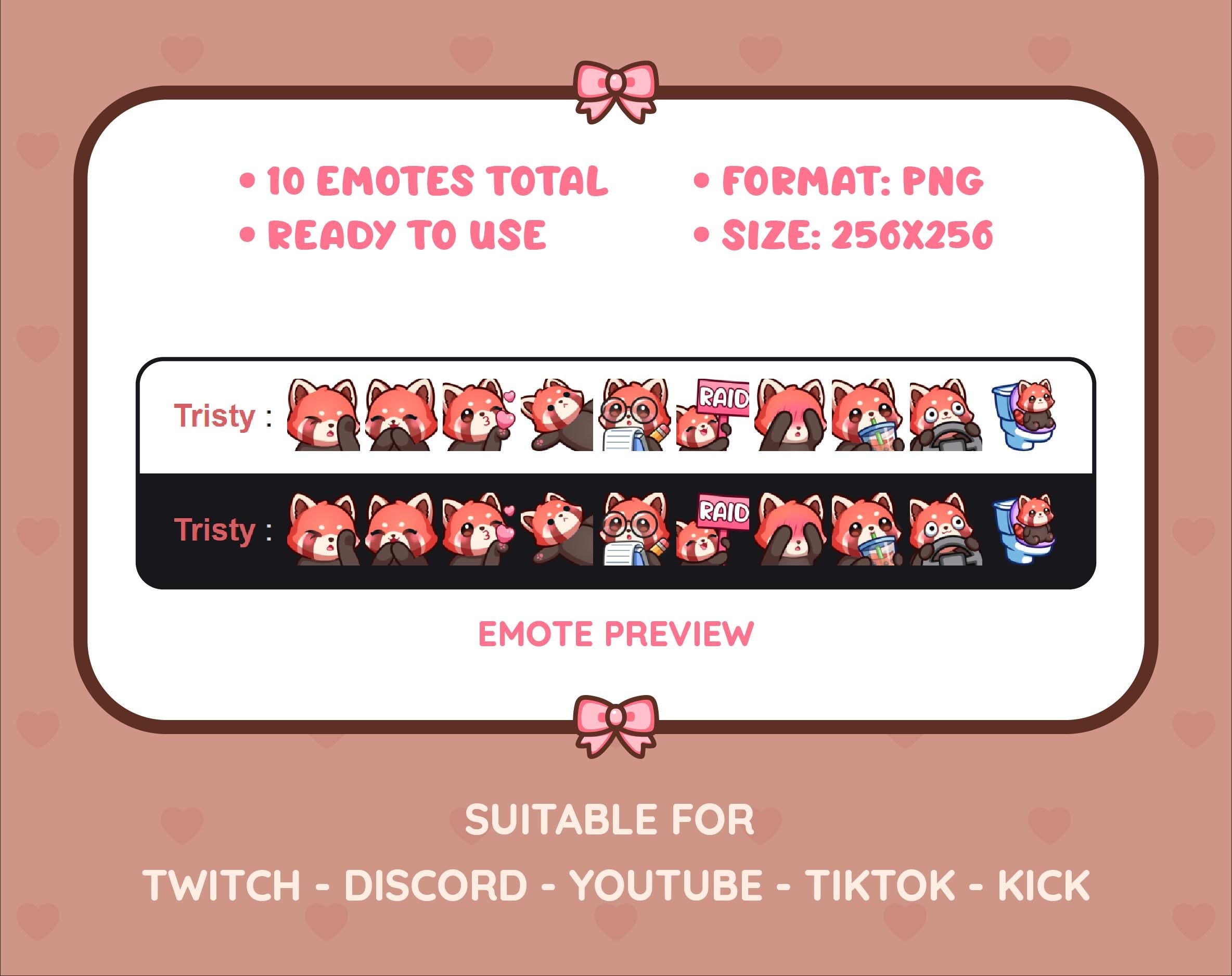 Red Panda Twitch emote pack preview displaying all 10 emotes with format and size information.