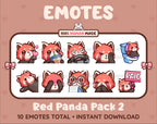 Red Panda Twitch emote pack featuring 10 emotes including kiss, facepalm, shy, and raid.