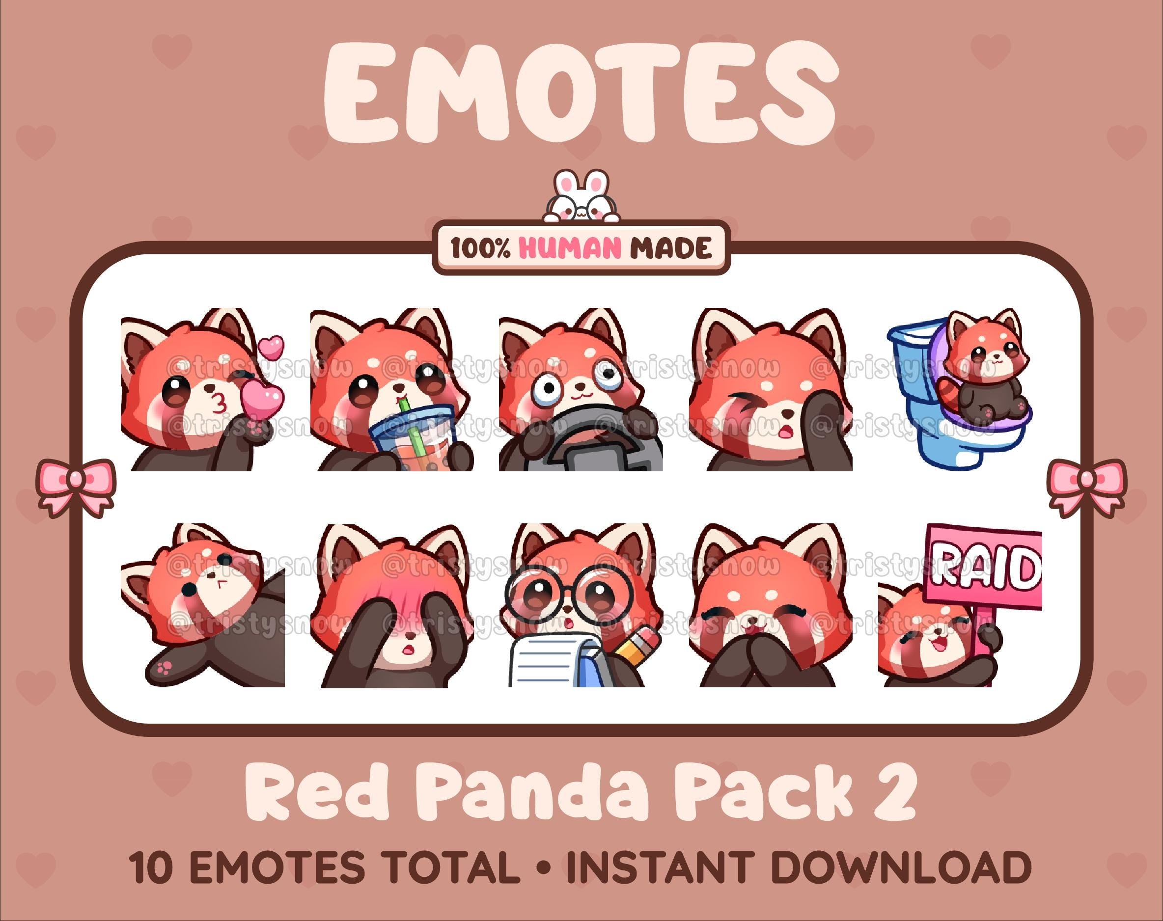 Red Panda Twitch emote pack featuring 10 emotes including kiss, facepalm, shy, and raid.