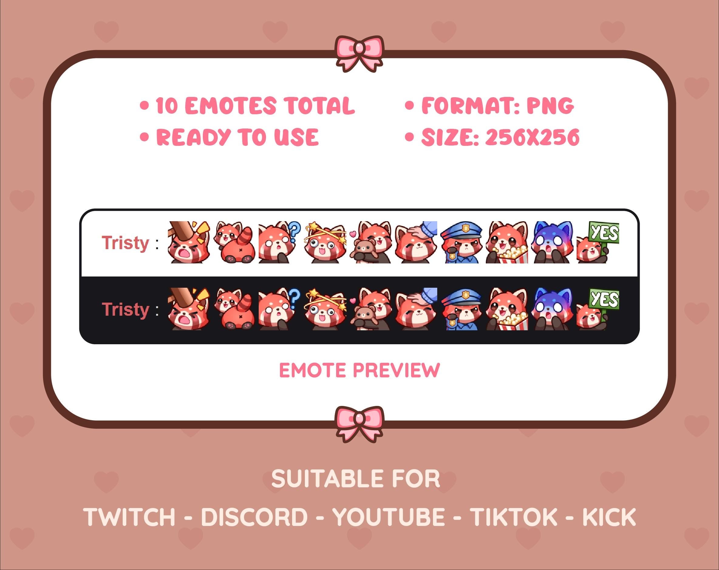 Red Panda Twitch emote pack preview displaying all 10 emotes with format and size information.