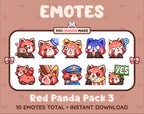 Red Panda Twitch emote pack featuring 10 emotes including hug, scared, bonk, and popcorn.