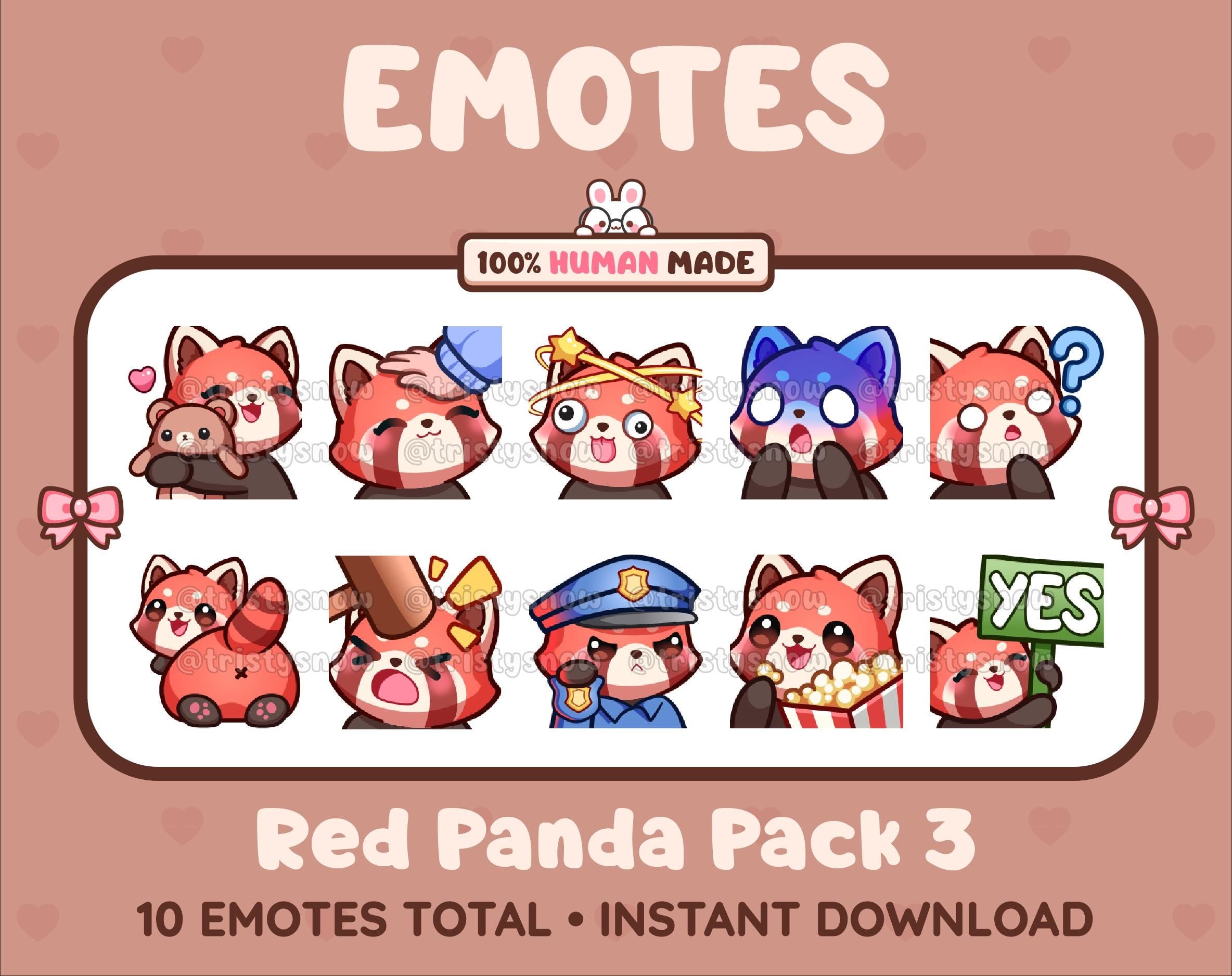 Red Panda Twitch emote pack featuring 10 emotes including hug, scared, bonk, and popcorn.