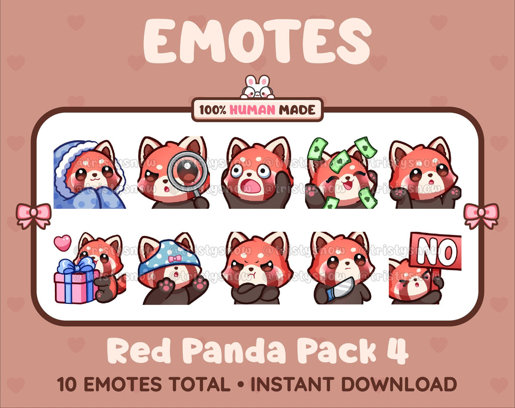 Red Panda Twitch emote pack featuring 10 emotes including cozy, sus, panic, and shrug.
