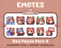 Red Panda Twitch emote pack featuring 10 emotes including cozy, sus, panic, and shrug.
