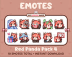 Red Panda Twitch emote pack featuring 10 emotes including cozy, sus, panic, and shrug.
