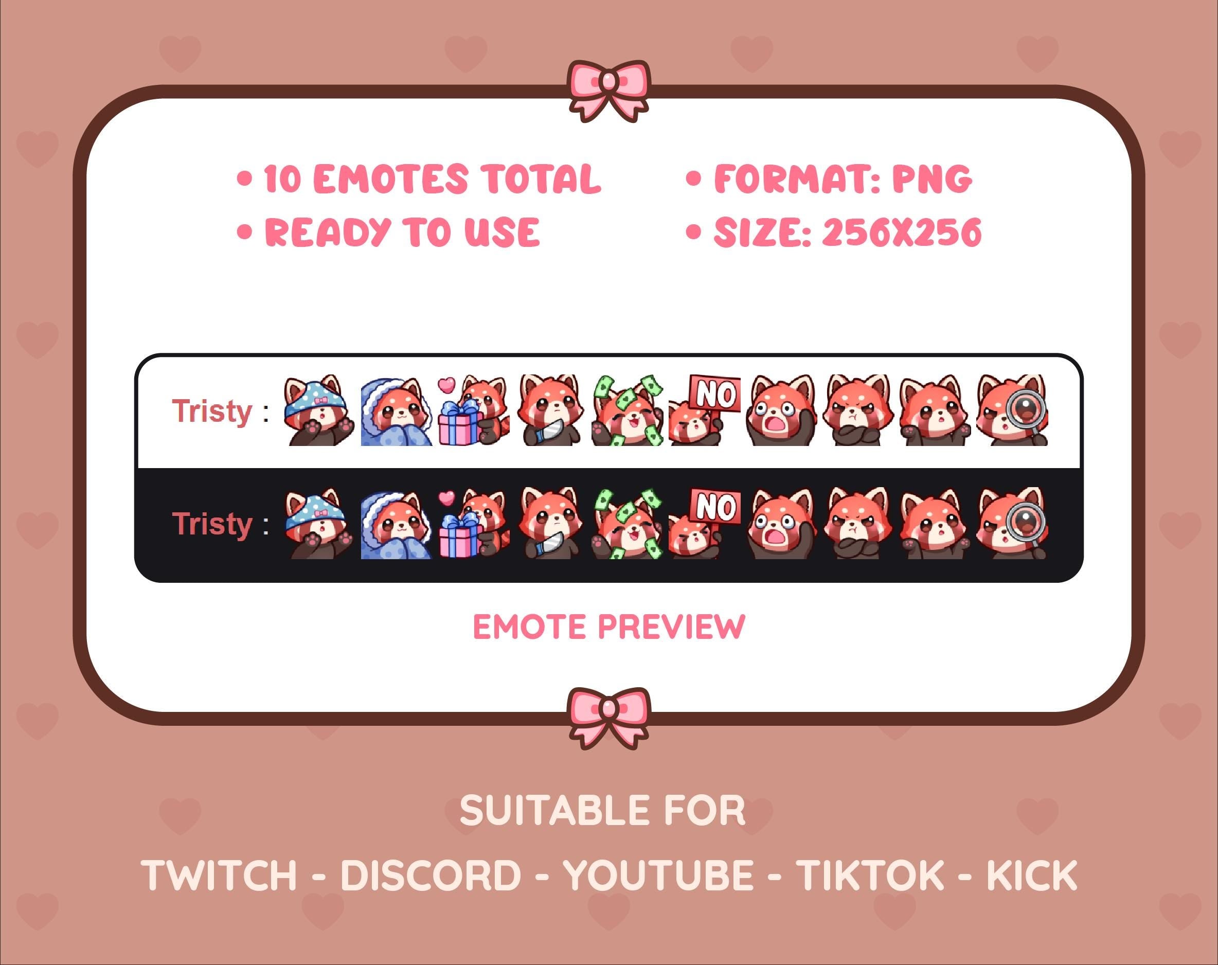 Red Panda Twitch emote pack preview displaying all 10 emotes with format and size information.