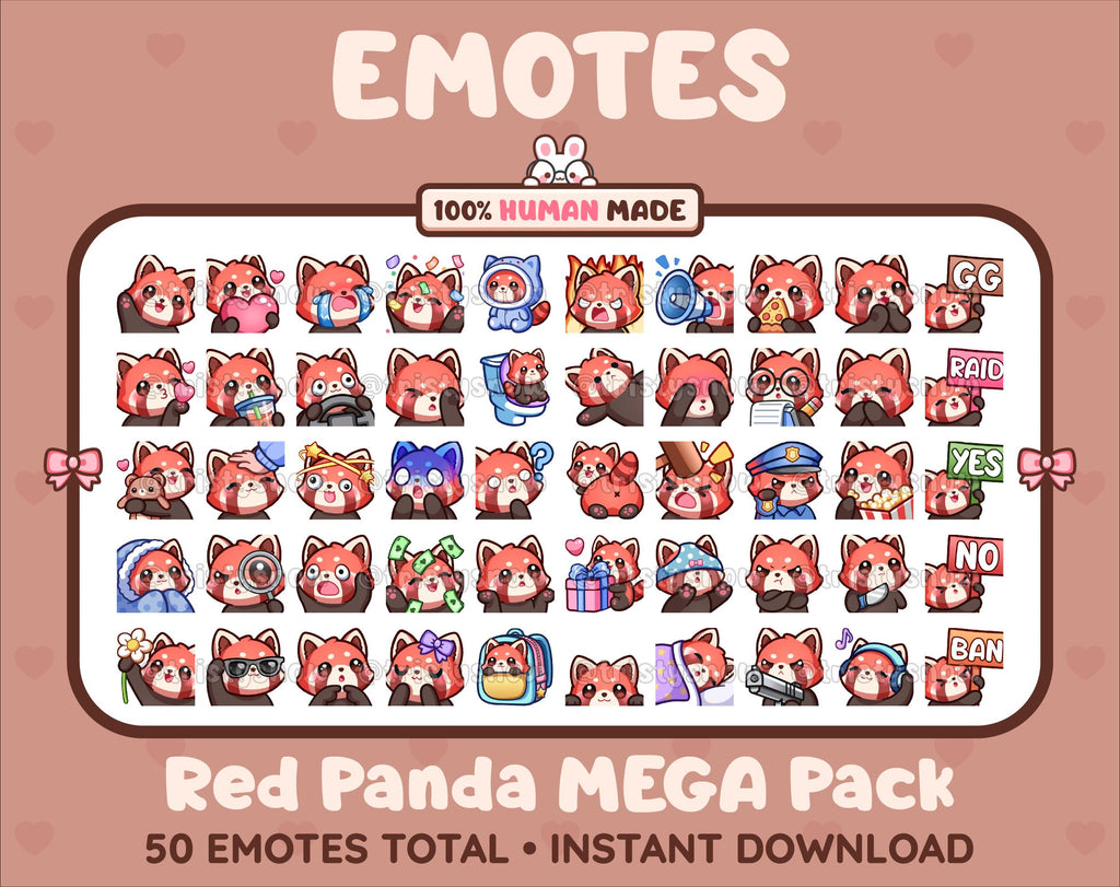 Red Panda Twitch emote mega pack featuring 50 emotes including hype, kiss, raid, and lurk.