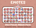 Red Panda Twitch emote mega pack featuring 50 emotes including hype, kiss, raid, and lurk.