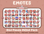 Red Panda Twitch emote mega pack featuring 50 emotes including hype, kiss, raid, and lurk.