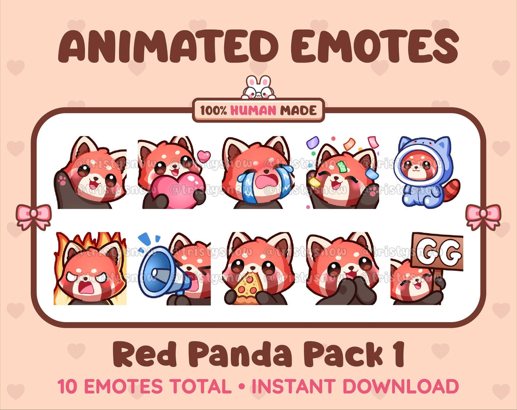 Red Panda animated Twitch emote pack featuring 10 emotes including GG, angry, cry, and hype.