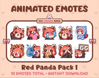 Red Panda animated Twitch emote pack featuring 10 emotes including GG, angry, cry, and hype.