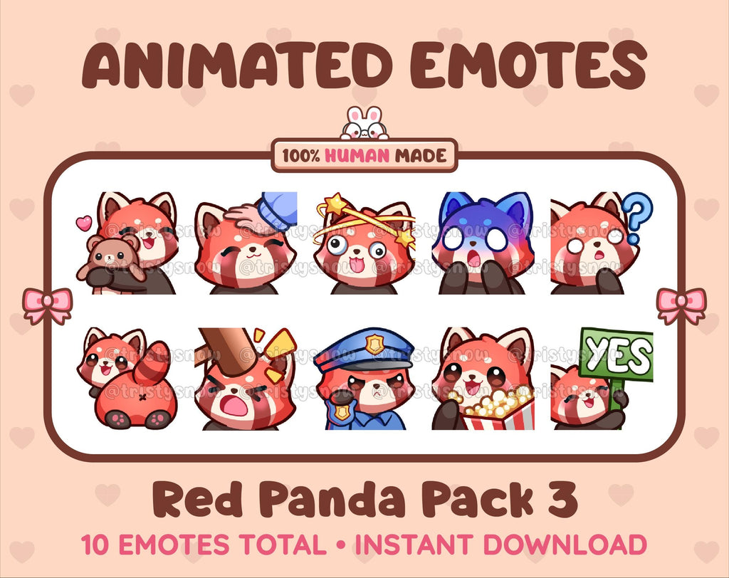 Red Panda animated Twitch emote pack featuring 10 emotes including hug, scared, bonk, and popcorn.