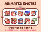 Red Panda animated Twitch emote pack featuring 10 emotes including hug, scared, bonk, and popcorn.