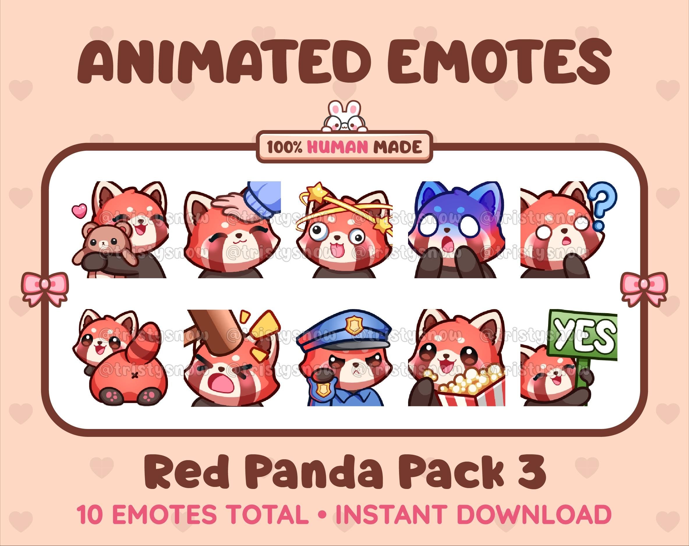 Red Panda animated Twitch emote pack featuring 10 emotes including hug, scared, bonk, and popcorn.